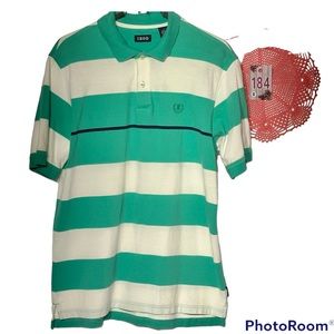 Izod Two Button White, Green, Blue Stripped Polo Shirt Medium